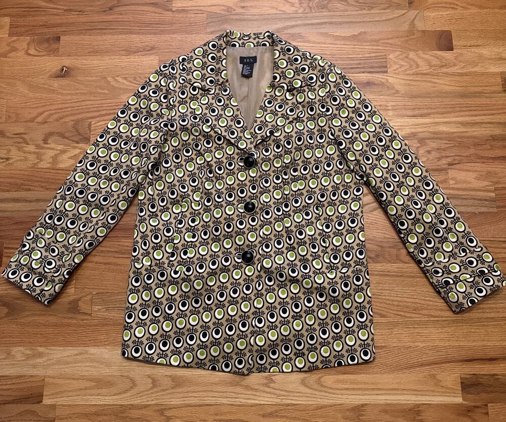 RQT Blazer Jacket Beige Black Green Evil Eye Geometric Mod Pattern 3 Button Sz L